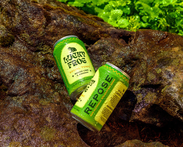 Two Lucky Frog cans, Mango Lime & Pandan and Repose flavors, resting on wet mossy rocks outdoors