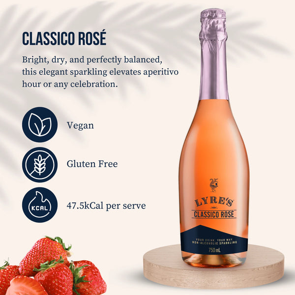 Lyre's Classico Rosé bottle on a wooden stand beside strawberries, with Vegan, Gluten Free, and 47.5kCal-per-serve icons and tasting description text.
