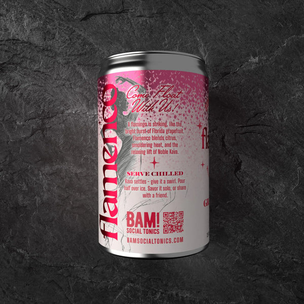 Side panel of a BAM! Social Tonics Flamenco kava cocktail can
