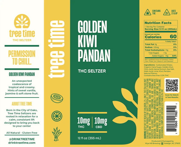 Tree Time Golden Kiwi Pandan alcohol-free THC seltzer, 12 oz can