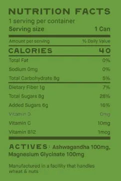 Nutrition facts label: 40 calories, 8g total carbs, 6g added sugar, with ashwagandha and magnesium glycinate actives
