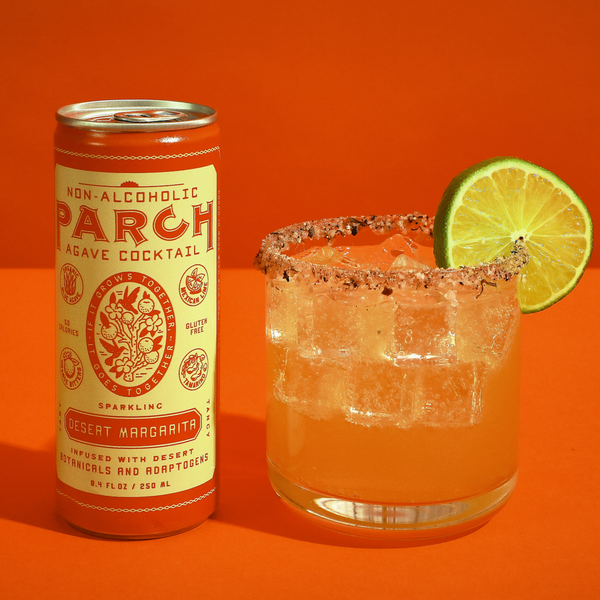 Parch Desert Margarita alcohol-free agave cocktail can with salt-rimmed glass and lime wheel