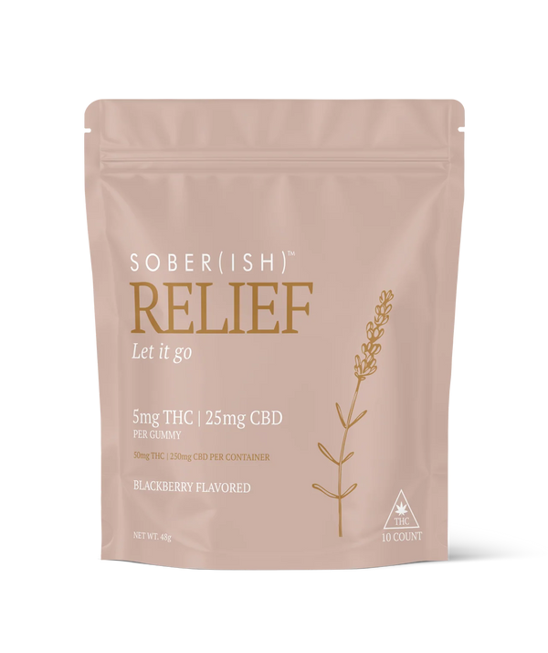 Giggle Grass Co Relief Gummies 10-pack in a sand-coloured pouch, blackberry flavour, 5mg THC and 25mg CBD per gummy