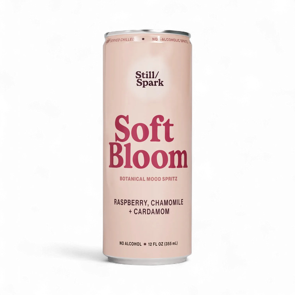 Still/Spark Soft Bloom alcohol-free botanical spritz can with raspberry, chamomile, and cardamom
