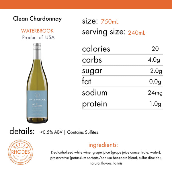 Waterbrook Clean Chardonnay nutrition facts: 750 mL bottle, 240 mL serving size, 20 calories, 4g carbs, 2g sugar, 0g fat, 24mg sodium, 1g protein, under 0.5% ABV, contains sulfites