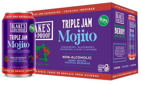 Blake's Triple Jam Mojito alcohol-free sparkling cocktail six-pack box with single can in front