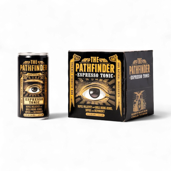 Pathfinder Espresso Tonic alcohol-free cocktail can beside black four-pack box