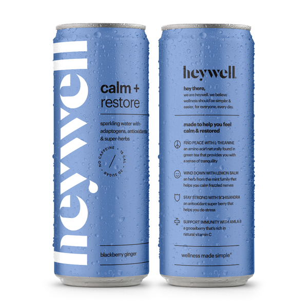Heywell Calm + Restore Blackberry Ginger alcohol-free sparkling water can shown front and back