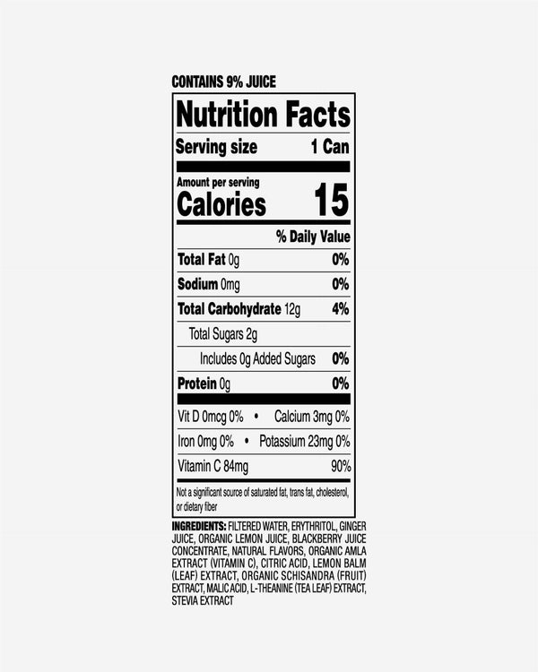 Heywell Calm + Restore Blackberry Ginger alcohol-free sparkling water nutrition facts panel