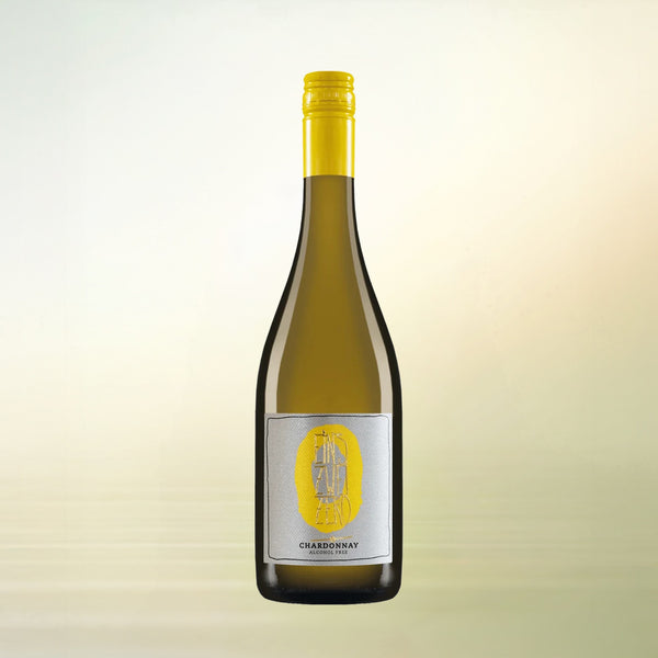 Leitz Eins Zwei Zero Chardonnay non-alcoholic wine bottle on cream background