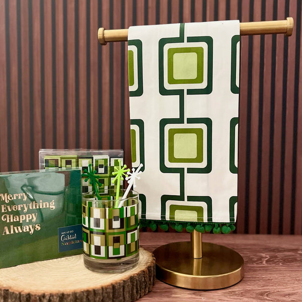 Mod Lounge Paper Company - Retro Square Green Mid Century Modern Bar Kitchen Tea Towel, alcohol-free
