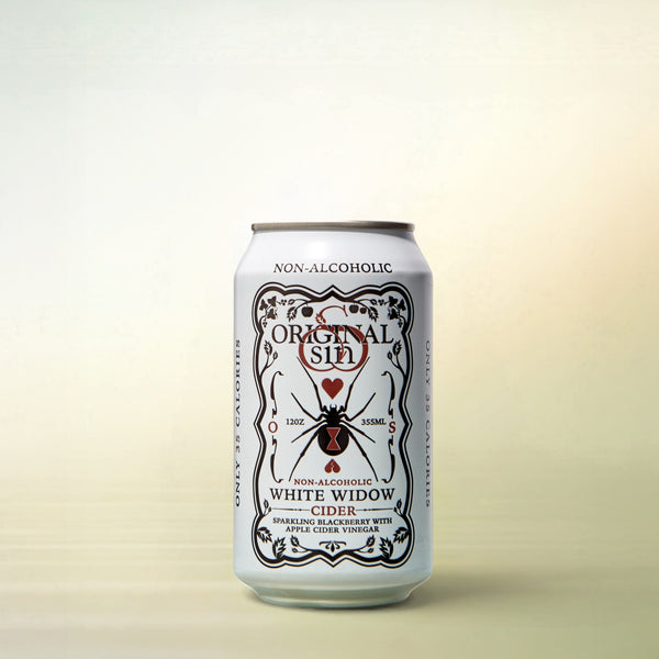 Original Sin White Widow Cider, non-alcoholic, single can on a soft gradient background