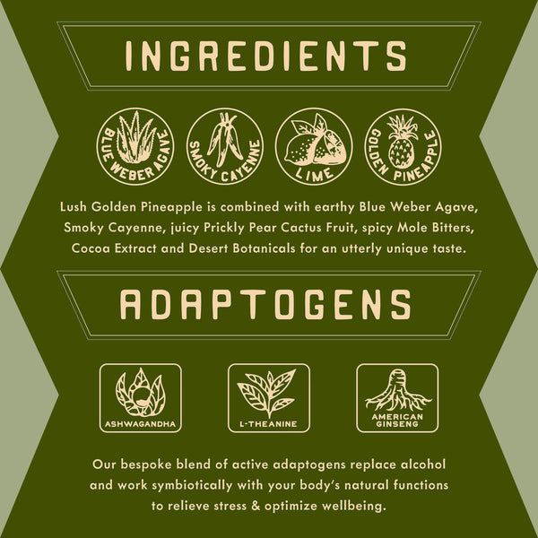 PARCH Spiced Pinarita alcohol-free agave cocktail ingredients and adaptogens graphic with agave, cayenne, lime, pineapple