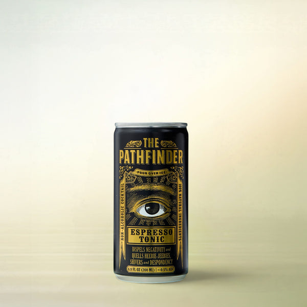 Pathfinder Espresso Tonic, alcohol-free functional cocktail, can on a soft gradient background