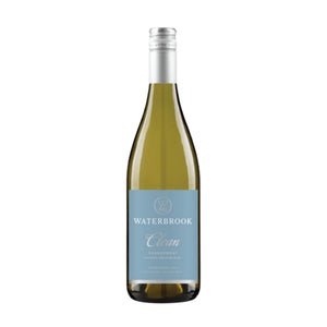 Bottle of Waterbrook Clean Chardonnay, a non-alcoholic dealcoholized white wine, with a pale blue label