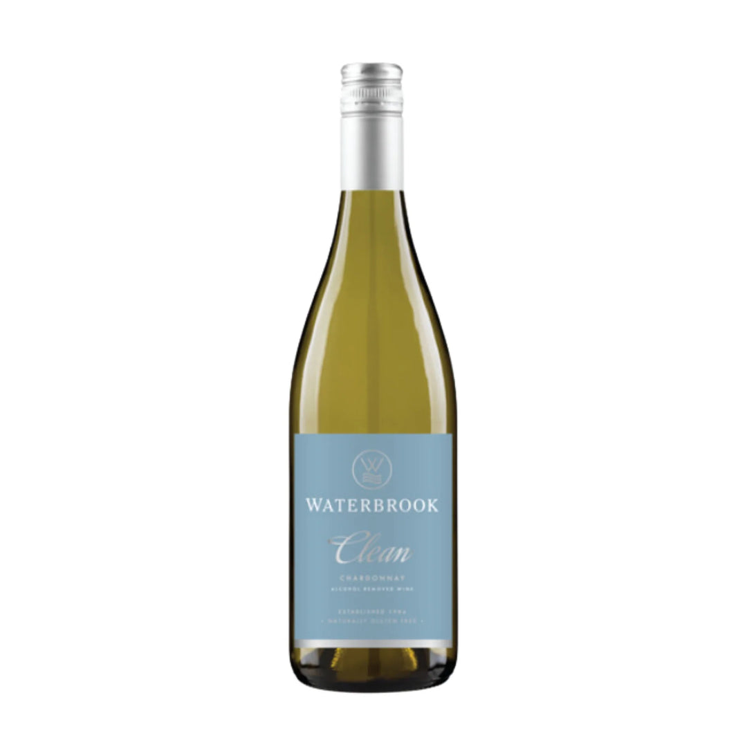 Bottle of Waterbrook Clean Chardonnay, a non-alcoholic dealcoholized white wine, with a pale blue label