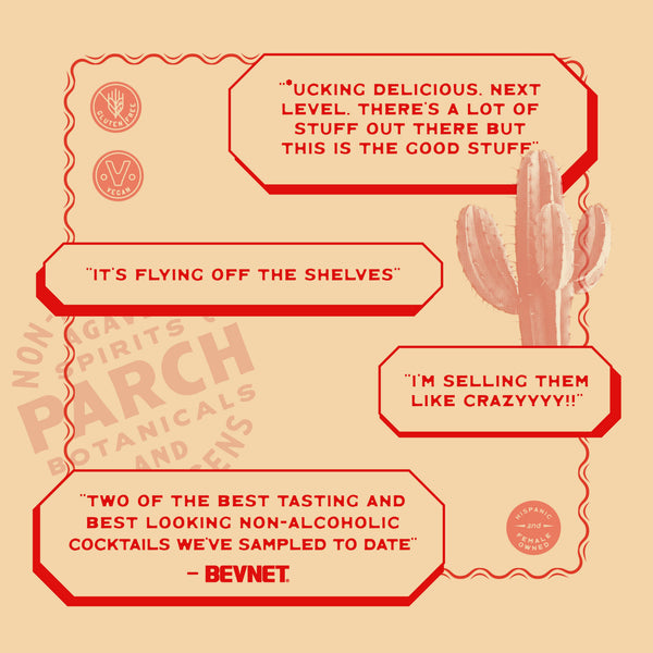 PARCH Prickly Paloma alcohol-free agave cocktail review quotes graphic with cactus illustration
