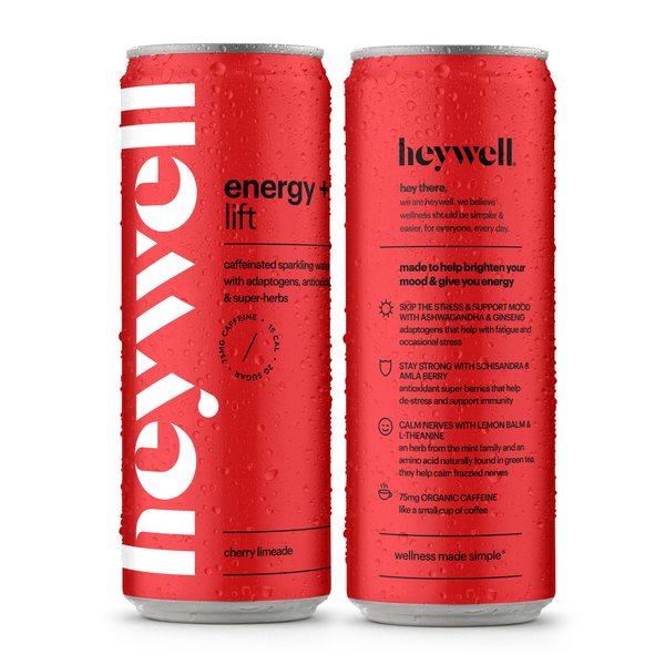 Heywell energy + lift cherry limeade alcohol-free functional beverage cans showing front and back labels