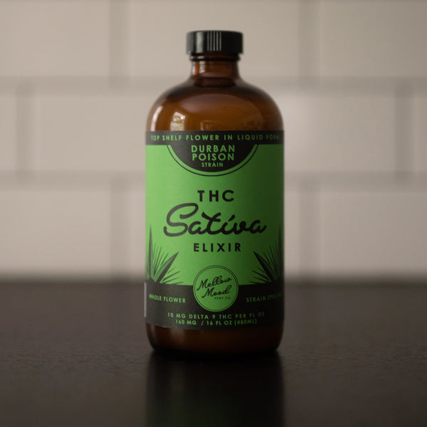 Mellow Mood Hemp Co Durban Poison THC Sativa Elixir bottle, 10mg Delta-9 THC per fl oz