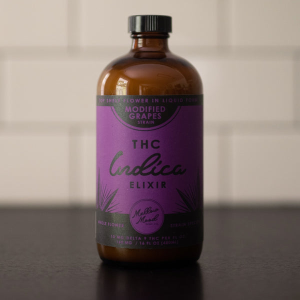 Mellow Mood Hemp Co Modified Grapes THC Indica Elixir bottle, 10mg Delta-9 THC per fl oz