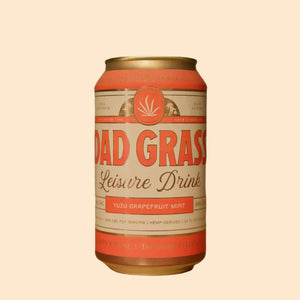 Can of Dad Grass Yuzu Ginger Sparkling Beverage on a peach background.