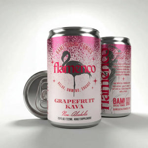 BAM! Social Tonics Flamenco kava cocktail cans on a white background with a can lid in frame