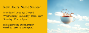 Graphic displaying Swizzle Market’s new store hours on a yellow background, with a white cup of coffee splashing against a bright blue sky with clouds.