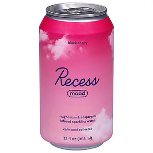 Pink can of Recess mood sparkling water with cloud design on a white background