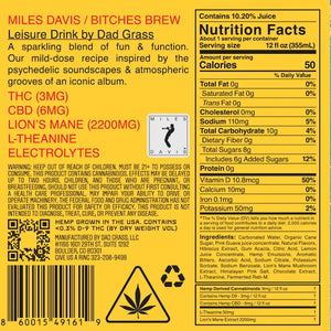 Nutrition and ingredient panel from the Dad Grass Miles Davis Bitches Brew 3 mg label
