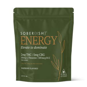 Giggle Grass Co Energy Gummies 10-pack in an olive green pouch, raspberry flavour, 2mg THC and 5mg CBG per gummy with L-theanine and B12