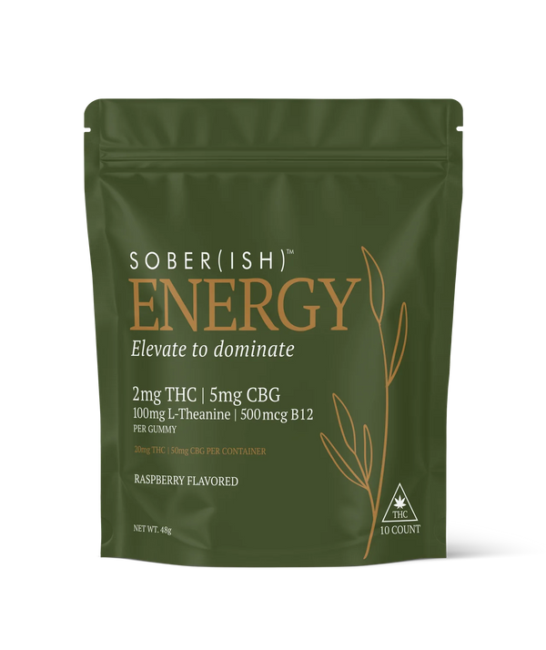 Giggle Grass Co Energy Gummies 10-pack in an olive green pouch, raspberry flavour, 2mg THC and 5mg CBG per gummy with L-theanine and B12