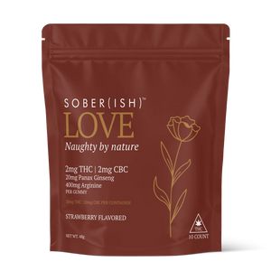 Giggle Grass Co Love Gummies 10-pack in a deep red pouch, strawberry flavour, 2mg THC and 2mg CBC per gummy with panax ginseng and arginine