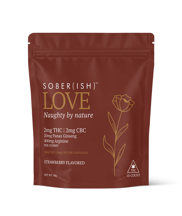 Giggle Grass Co Love Gummies 10-pack in a deep red pouch, strawberry flavour, 2mg THC and 2mg CBC per gummy with panax ginseng and arginine