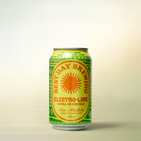 Best Day Brewing Electro-Lime Cerca de Cerveza, non-alcoholic beer, single can on a soft gradient background