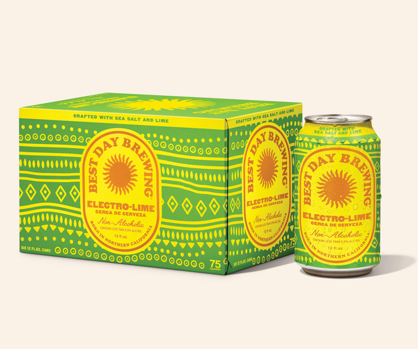 Best Day Brewing Electro-Lime non-alcoholic beer six-pack box with single can beside it
