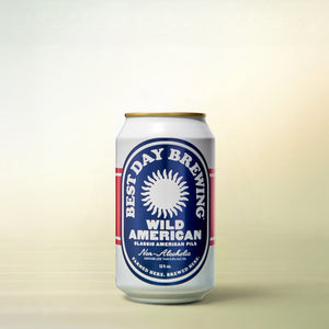 Best Day Wild American Pils Beer, non-alcoholic, single can on a soft gradient background