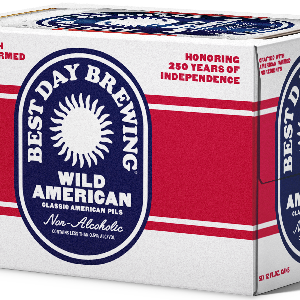Best Day Wild American Pils non-alcoholic beer case box with red, white, and blue label