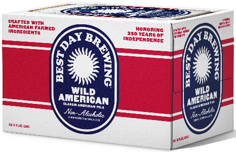 Best Day Wild American Pils non-alcoholic beer case box with red, white, and blue label
