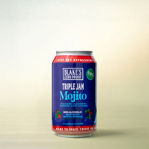 Blake's Hard Cider Co Triple Jam Mojito, alcohol-free sparkling cocktail, single can on a soft gradient background