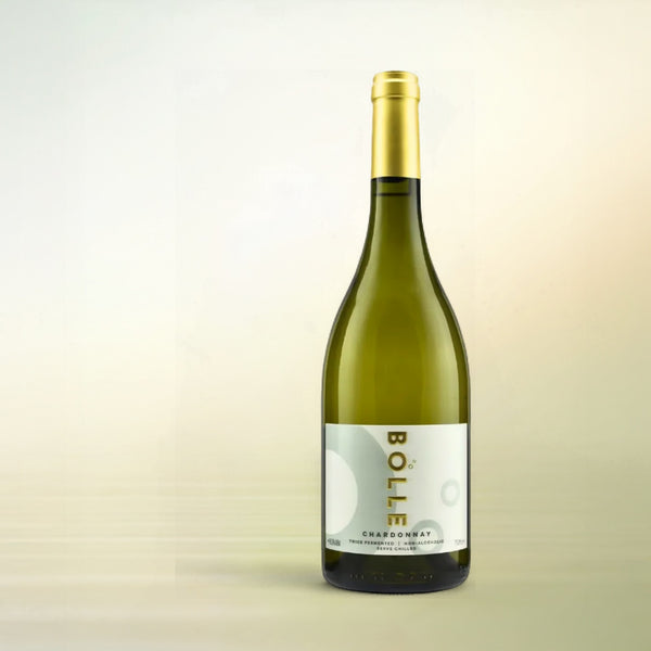 Bolle Chardonnay non-alcoholic wine bottle on cream background