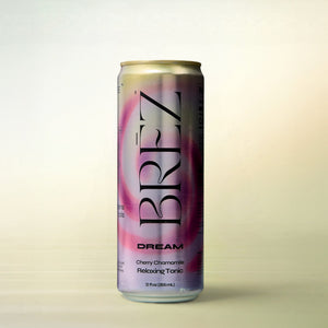 Brez Dream Adaptogen Infused Relaxing Tonic, alcohol-free functional wellness beverage, can on a soft gradient background