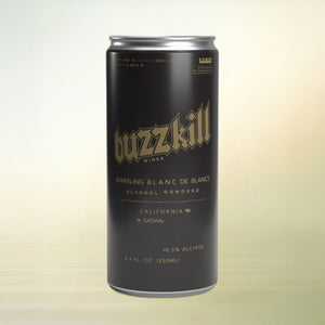 Buzzkill Sparkling Blanc de Blancs non-alcoholic wine bottle on cream background