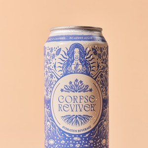 Corpse Reviver Berry Hibiscus alcohol-free functional beverage can on peach background