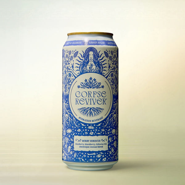 Corpse Reviver Berry Hibiscus, alcohol-free functional wellness beverage, can on a soft gradient background
