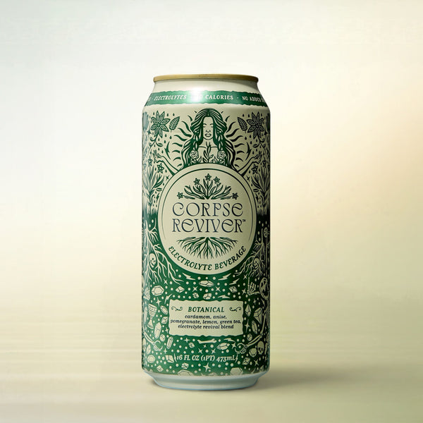 Corpse Reviver Botanical Corpse Reviver, alcohol-free functional wellness beverage, can on a soft gradient background