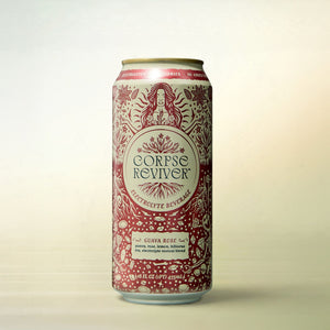 Corpse Reviver Guava Rose, alcohol-free functional wellness beverage, can on a soft gradient background