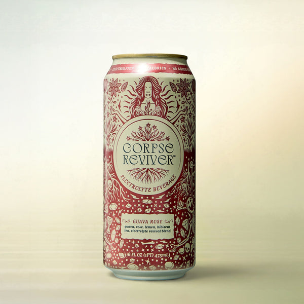 Corpse Reviver Guava Rose, alcohol-free functional wellness beverage, can on a soft gradient background