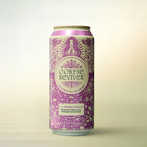 Corpse Reviver Prickly Pear, alcohol-free functional wellness beverage, can on a soft gradient background