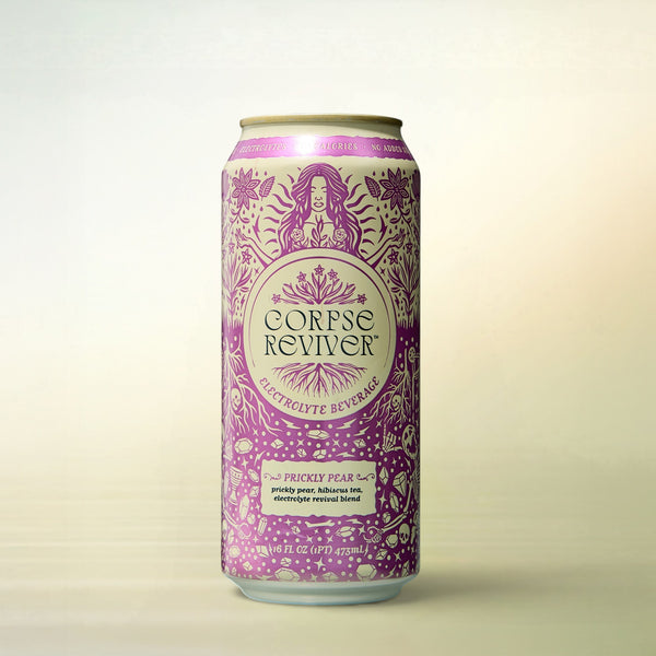Corpse Reviver Prickly Pear, alcohol-free functional wellness beverage, can on a soft gradient background