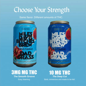 Dad Grass Miles Davis Bitches Brew cans, the 3 mg and 10 mg shown side by side